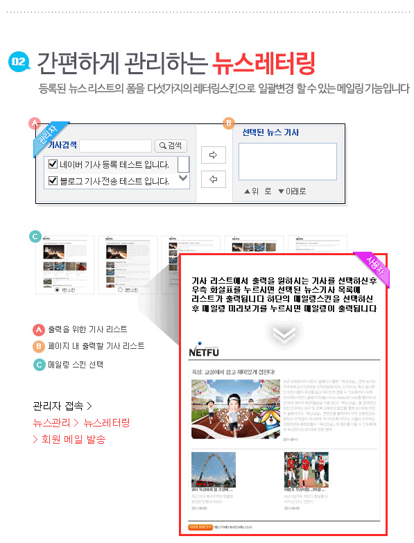 02 간편하게 관리하는 뉴스레터링,뉴스리스트의 폼 레터리스킨으로 일괄변경,다섯가지로 추가된 메일링스킨