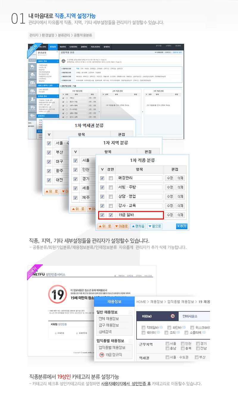 검색방법에 따른 테마별  검색기능 제공:정규직 구인구직에 맞는 시도별/역세권/대학가별/근무기간별/급여별 등. 테마별 검색기능 제공