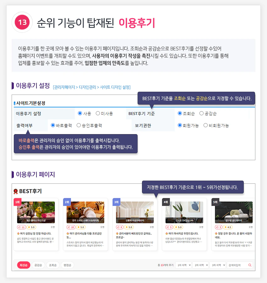 순위 기능이 탑재된 이용후기