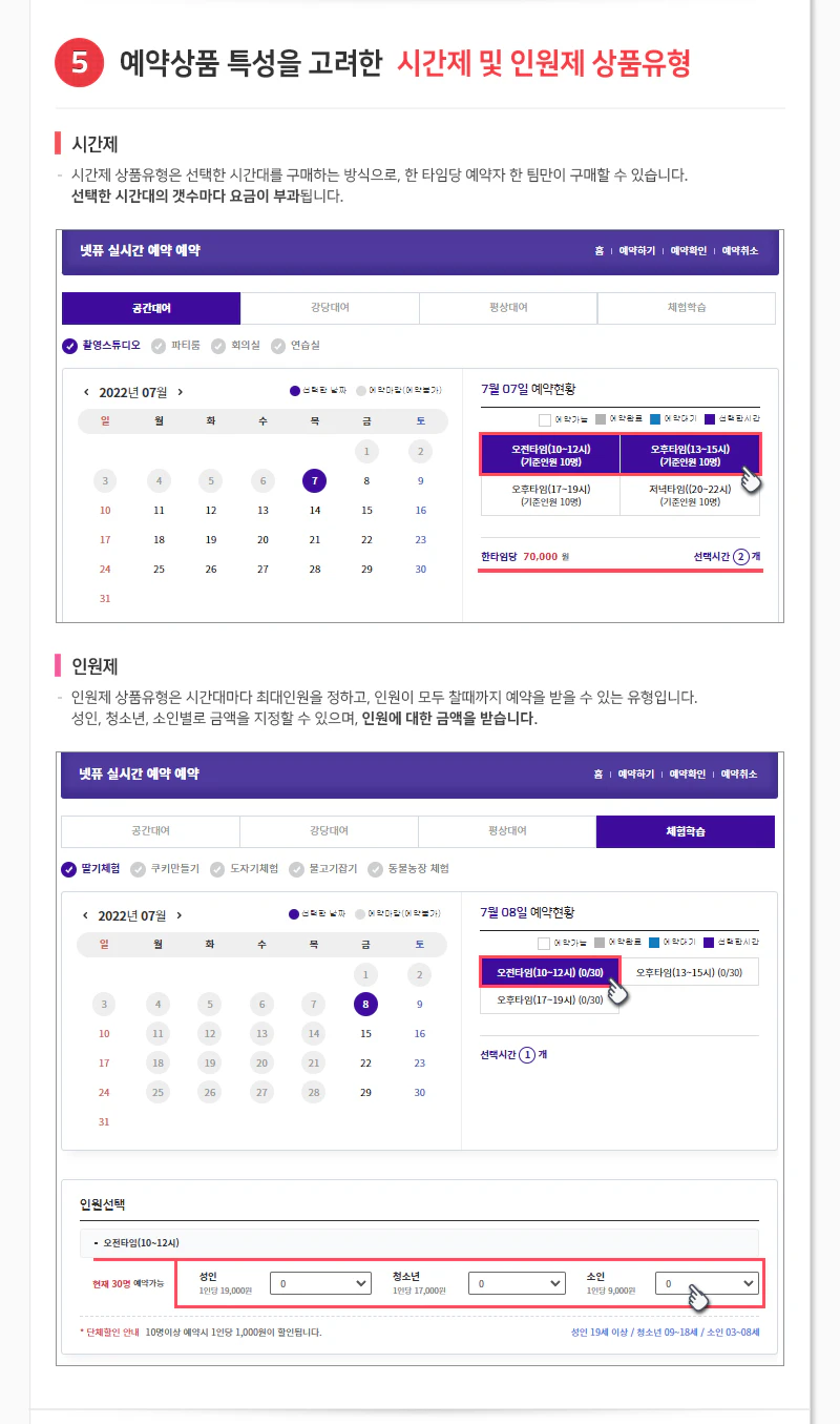 시간제 및 인원제 상품유형