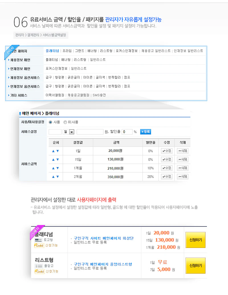 6.유료서비스 금액,할인율,패키지 관리자 자유롭게 설정